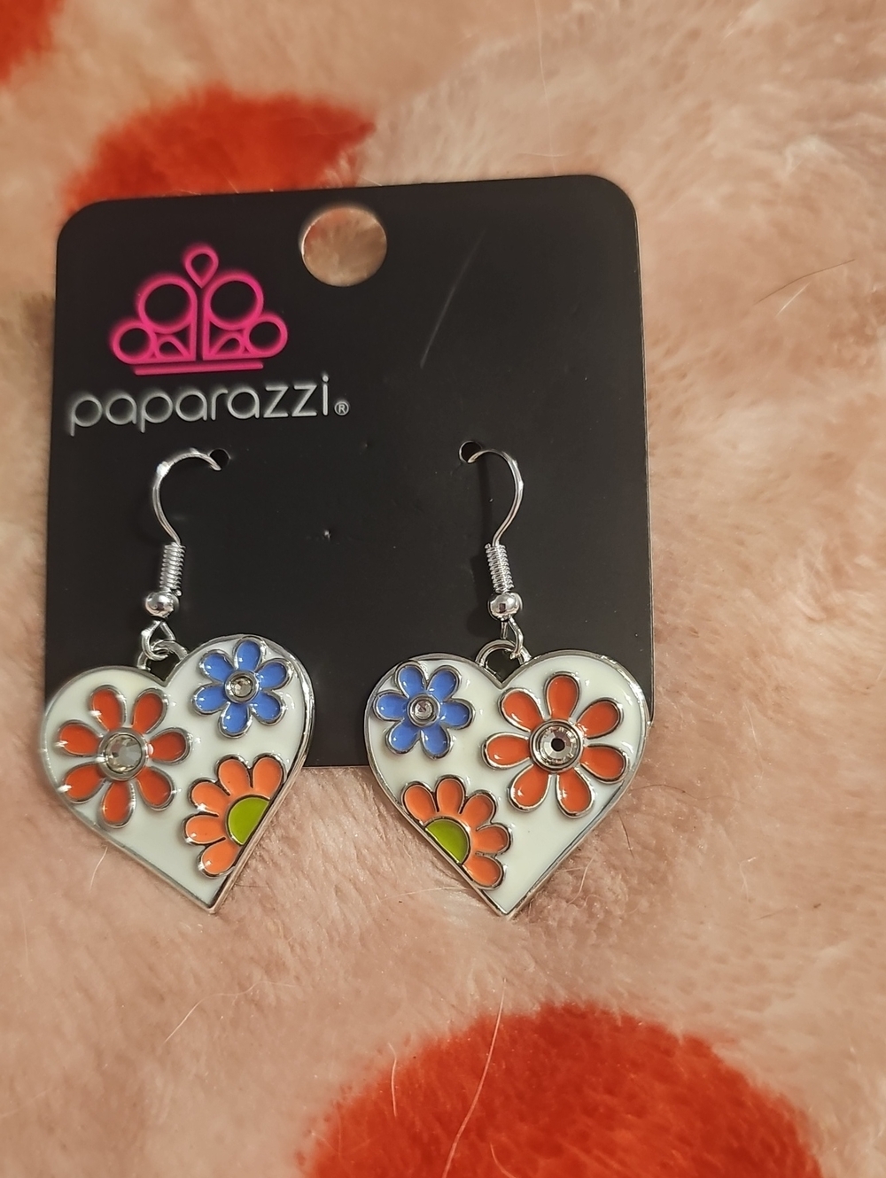 paparazzi White Heart Floral Drop Earrings - Orange, Blue & Green